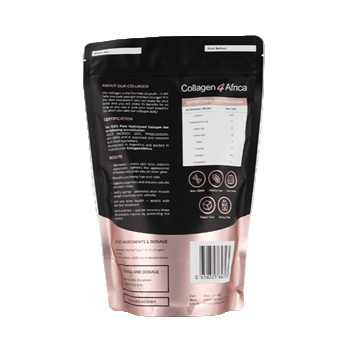Collagen powder package with black and rose gold design on a light gray background