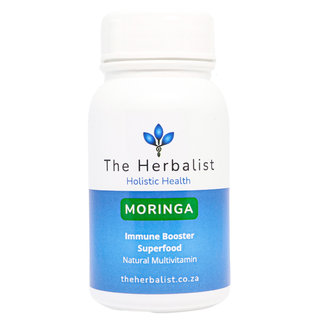 Bottle of Moringa supplement from The Herbalist on a white background