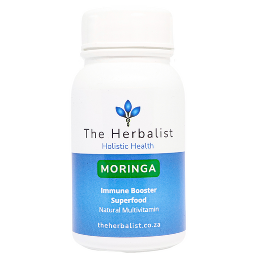 Bottle of Moringa supplement from The Herbalist on a white background
