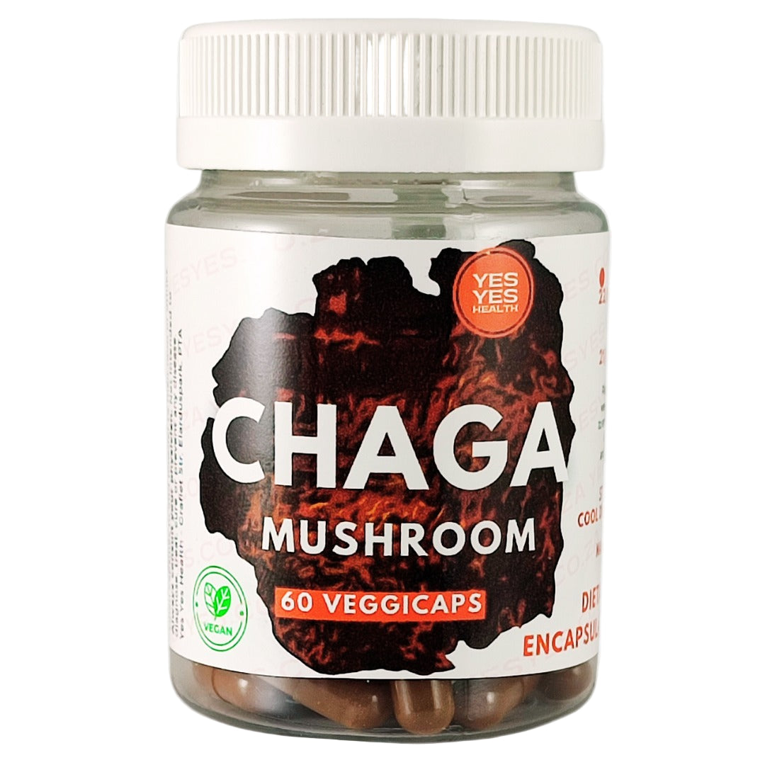 Jar of Chaga mushroom capsules with a white label on a white background