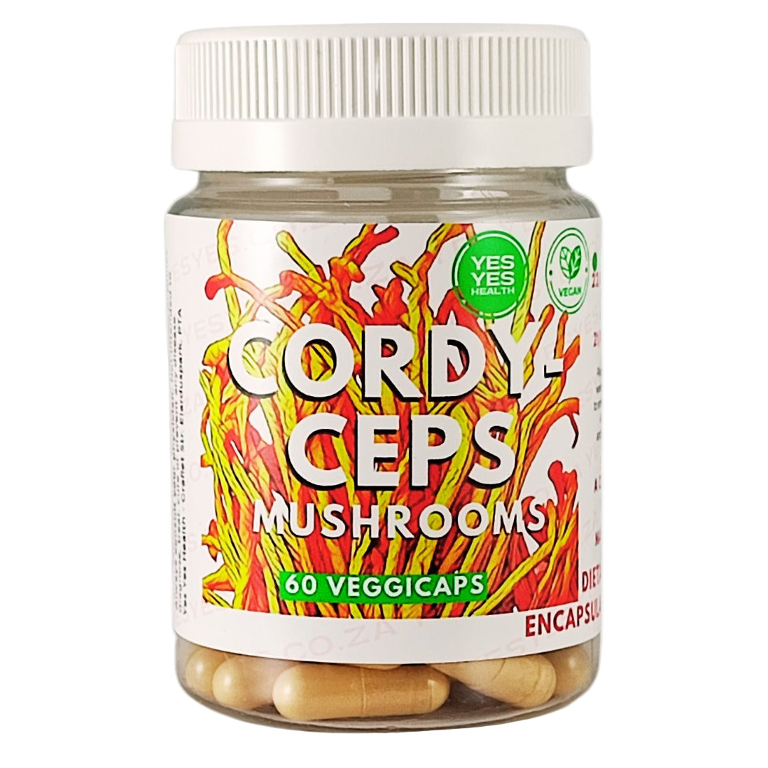 Jar of CordyCeps Mushrooms capsules with colorful label on a white background