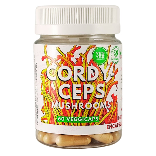 Jar of CordyCeps Mushrooms capsules with colorful label on a white background