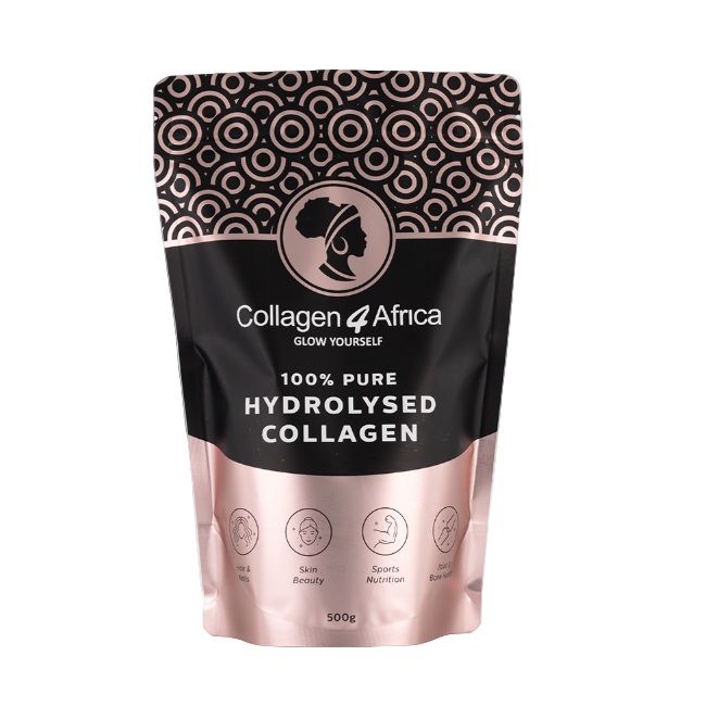 Collagen Africa packaging with black and rose gold design on a white background