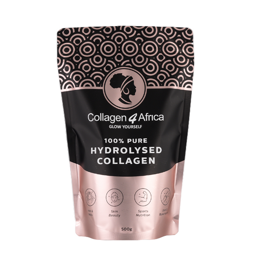 Collagen Africa packaging with black and rose gold design on a white background