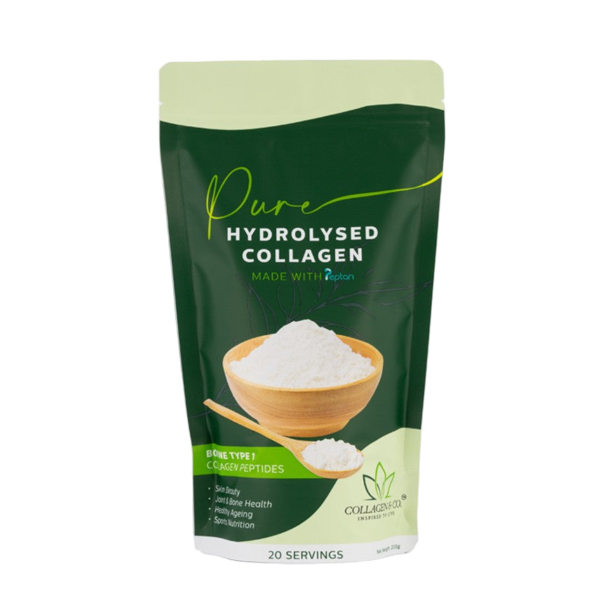 Package of pure hydrolysed collagen with a green and white design.