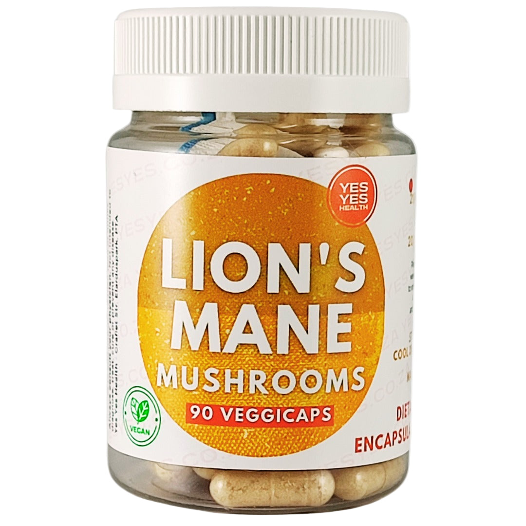 Bottle of Lion's Mane mushrooms capsules with a white cap on a white background