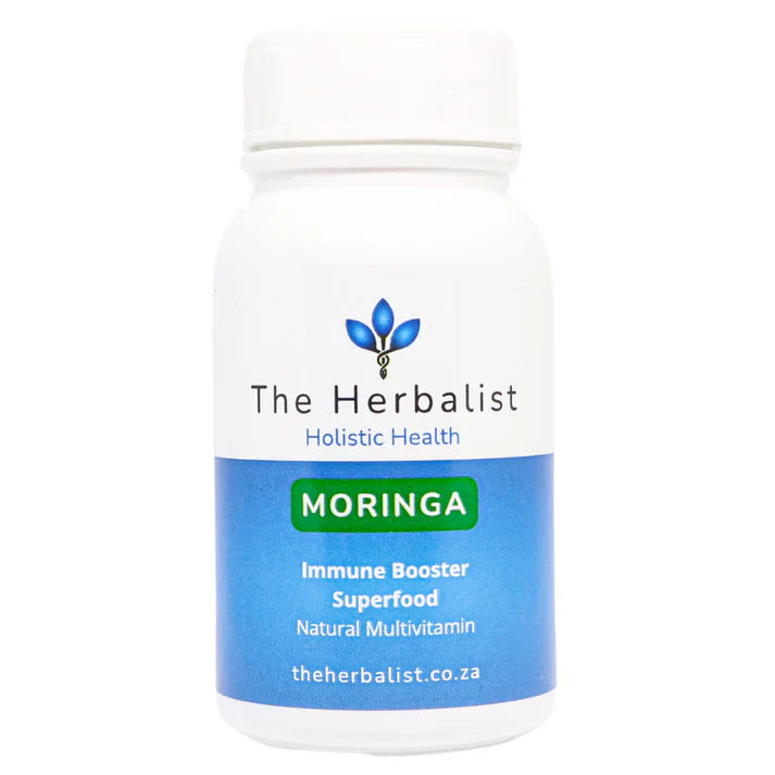 Bottle of Moringa supplement from The Herbalist on a white background