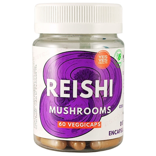 Jar of Reishi mushrooms capsules with a purple label on a white background
