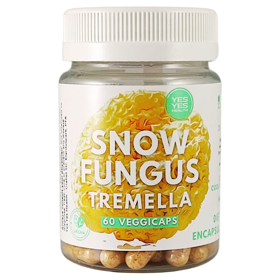 Jar of Snow Fungus Tremella capsules with a white background