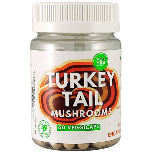 Jar of turkey tail mushrooms with a white label on a white background